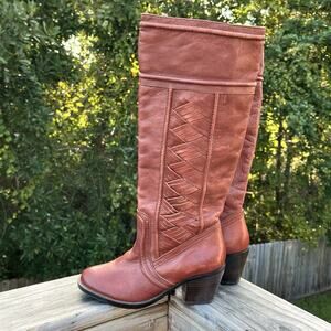 Fossil Leather Felicia Pull On Knee High Tall Boots Brown Sz 6.5 Woven Braid